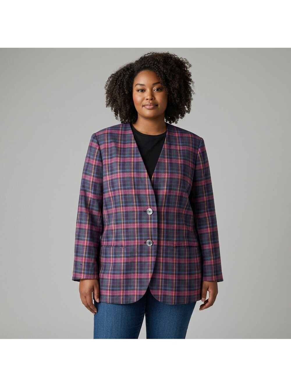 Amanda Smith II Blazer Women 22W Plus Blue Plaid Button Up Long Sleeve V-Neck